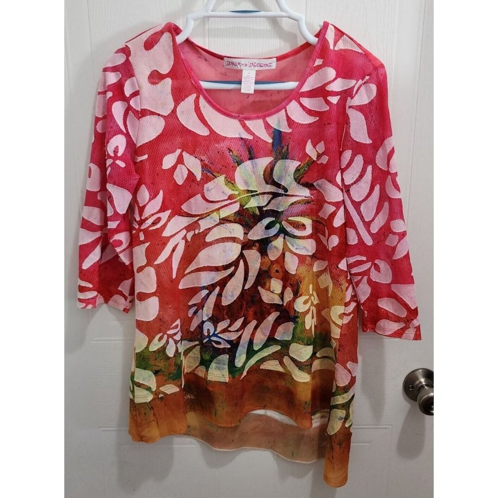 Leoma Lovegrove Women's 3/4 Sleeve Asymmetrical Hem Semi-Sheer Top Floral Sz PM‎